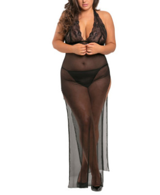 Nuisette longue grande taille fendue transparente 